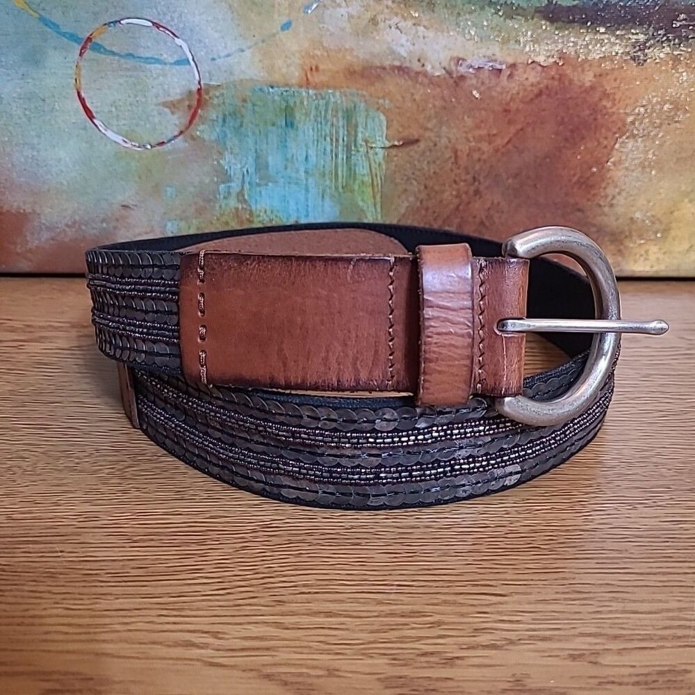 Fossil Genuine Leather Canvas Belt Womens Size Medium Beaded Sequin EUC
